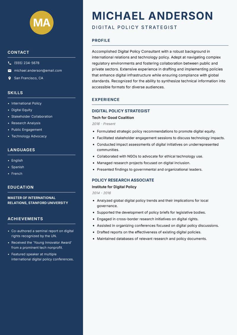 Digital Policy Consultant Resume Preview Example