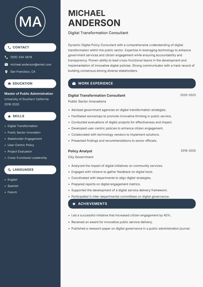 Digital Policy Consultant Resume Preview Example