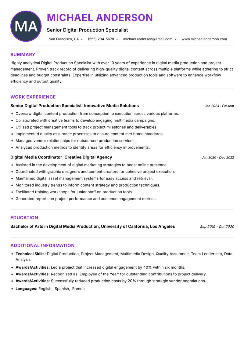 Digital Production Specialist Resume Preview Example