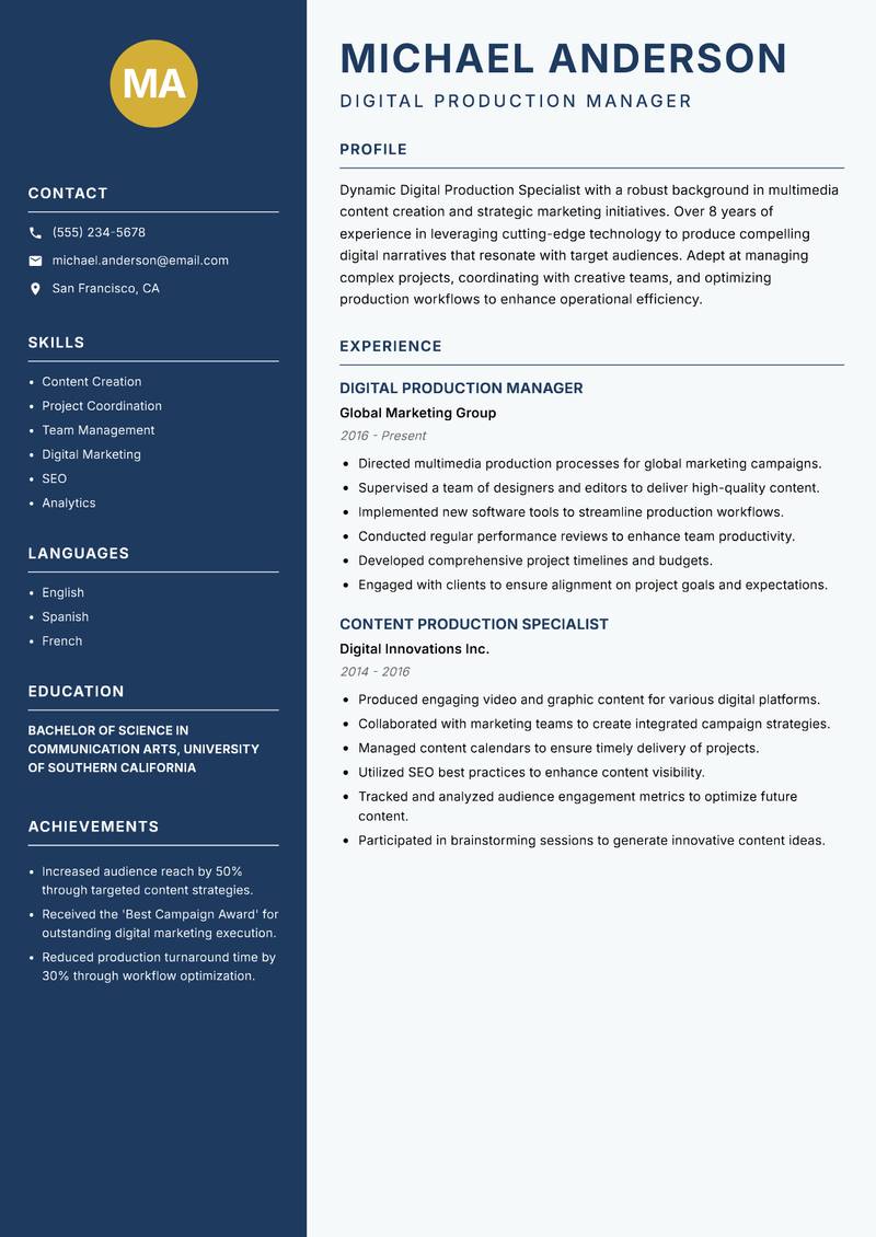 Digital Production Specialist Resume Preview Example