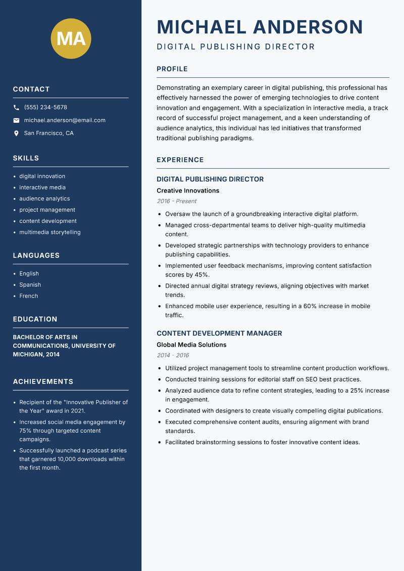 Digital Publisher Resume Preview Example