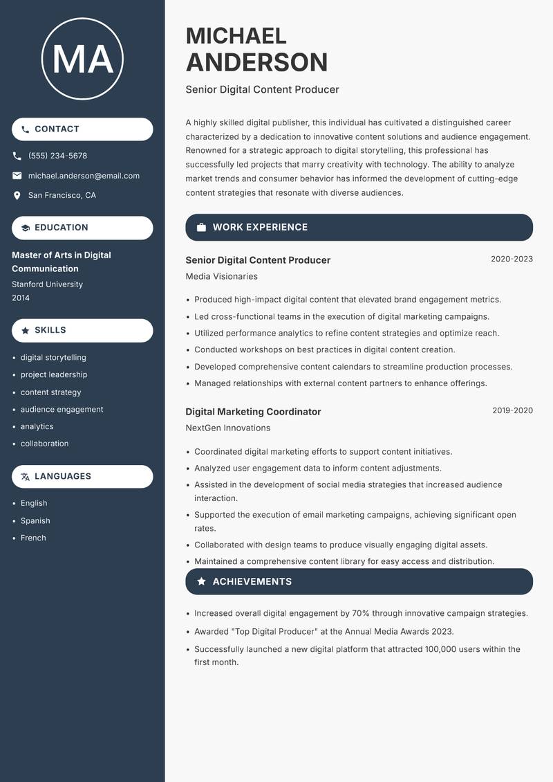 Digital Publisher Resume Preview Example