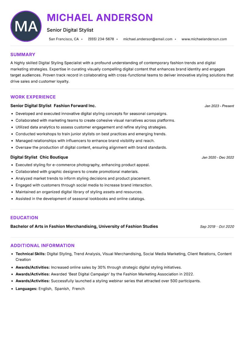 Digital Styling Specialist Resume Preview Example