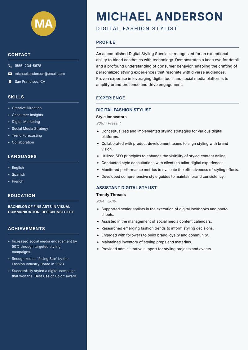 Digital Styling Specialist Resume Preview Example