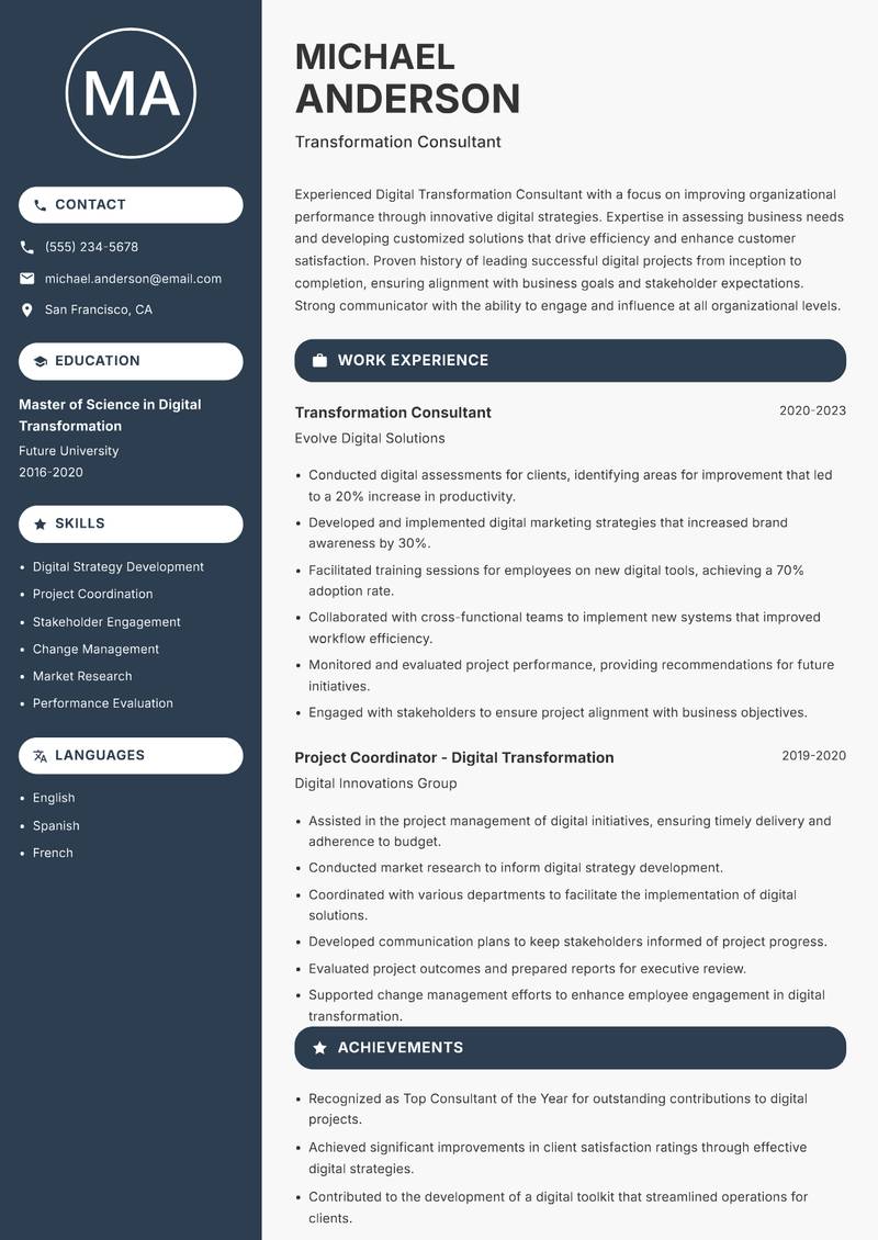 Digital Transformation Consultant Resume Preview Example