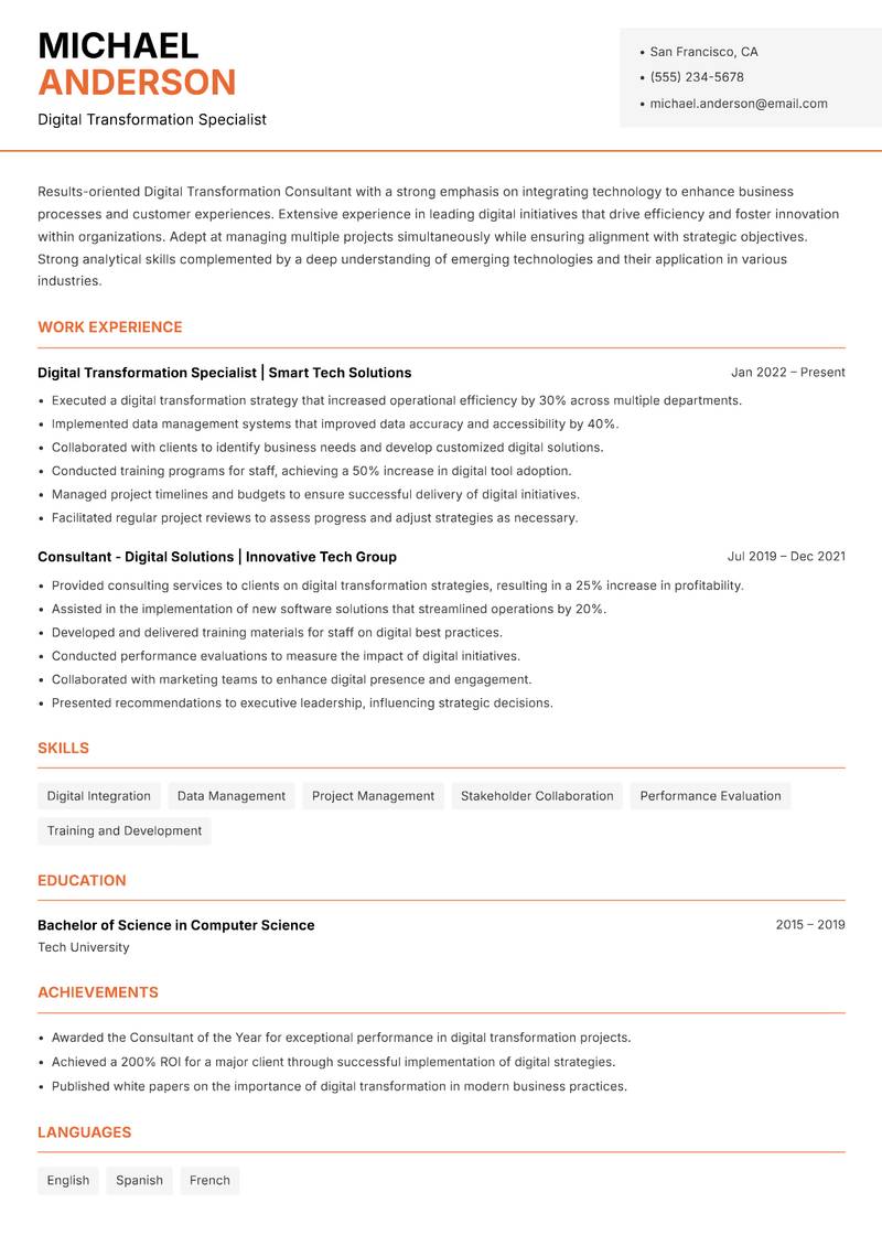 Digital Transformation Consultant Resume Template