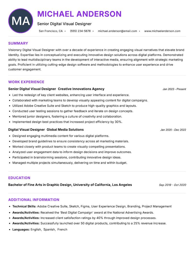 Digital Visual Designer Resume Preview Example