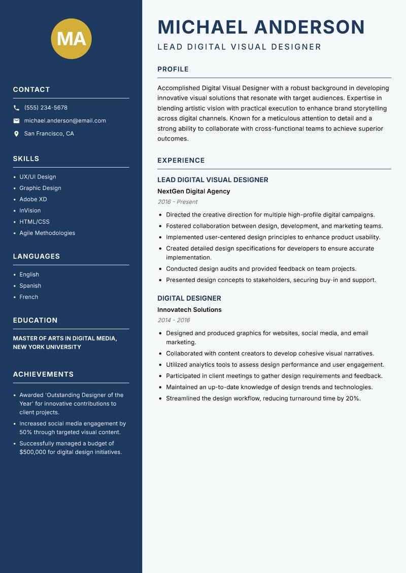 Digital Visual Designer Resume Preview Example