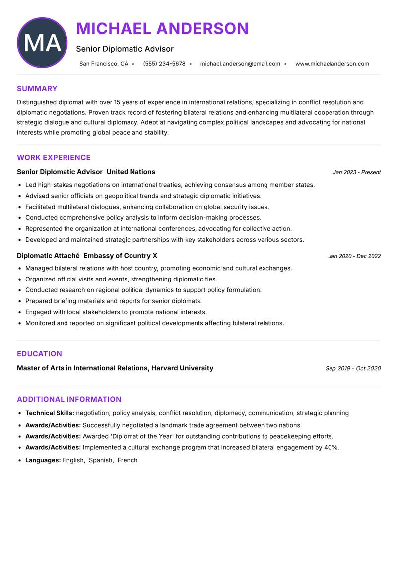 Diplomat Resume Preview Example