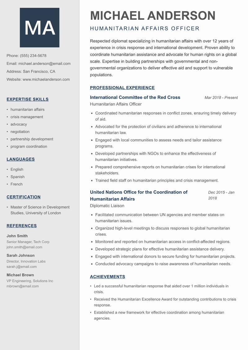 Diplomat Resume Preview Example
