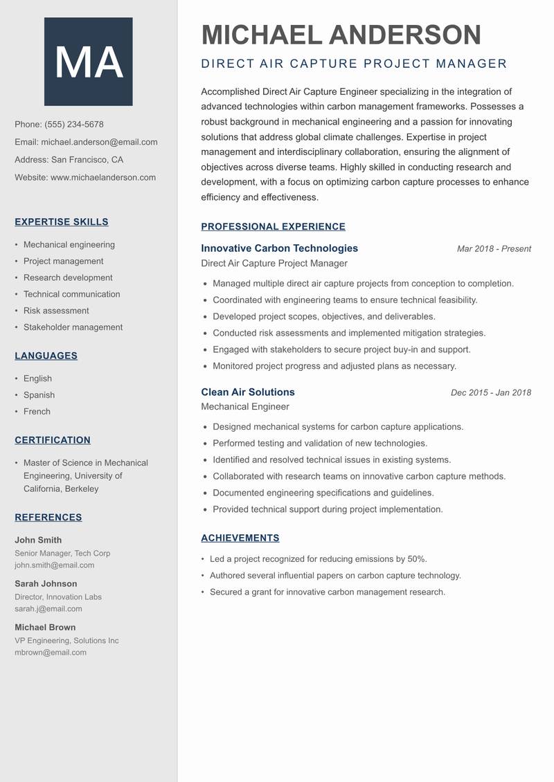 Direct Air Capture Engineer Resume Preview Example