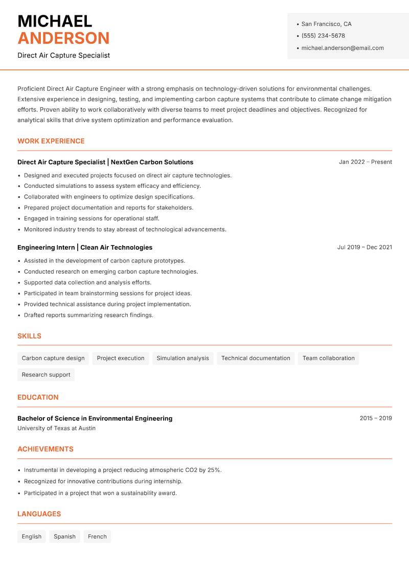 Direct Air Capture Engineer Resume Template