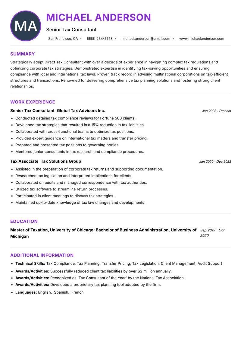 Direct Tax Consultant Resume Preview Example