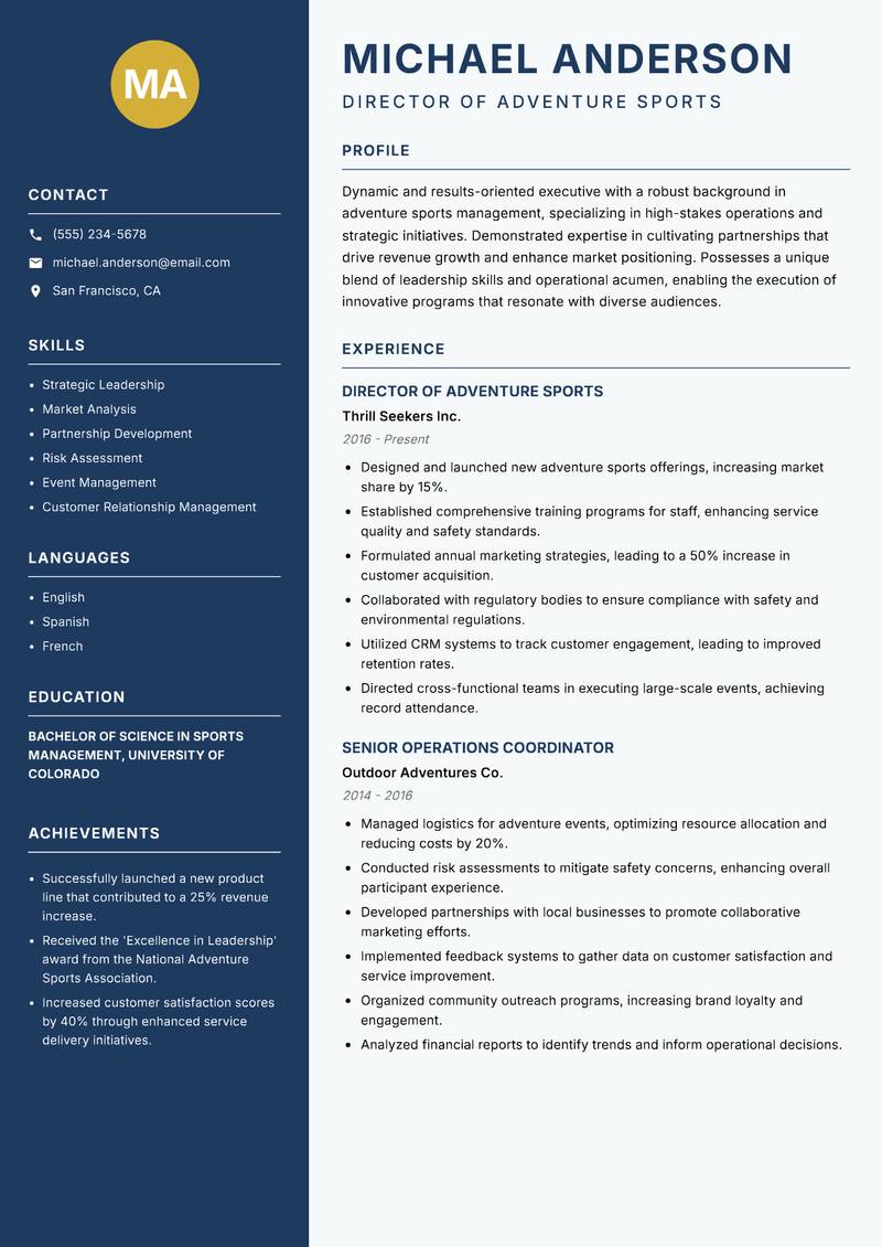Director of Adventure Sports Resume Preview Example