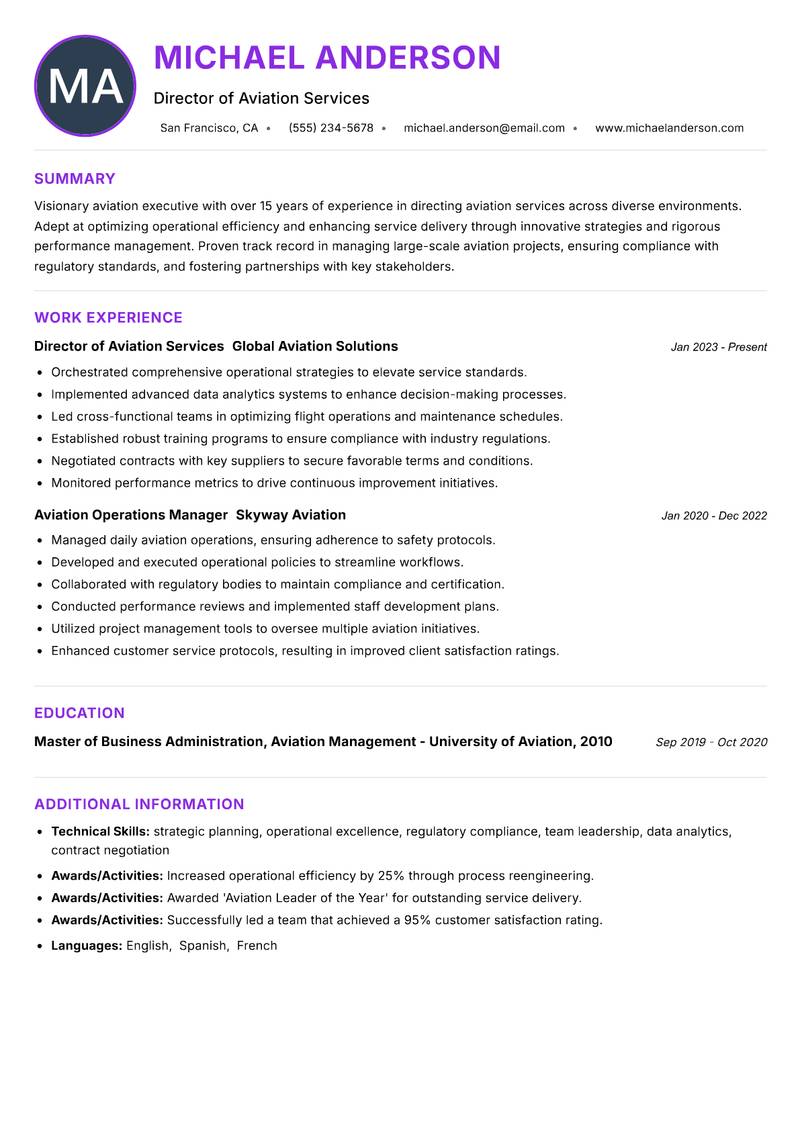 Director of Aviation Services Resume Preview Example