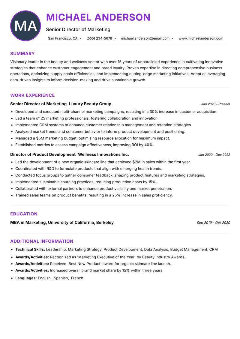 Director of Beauty and Wellness Resume Preview Example