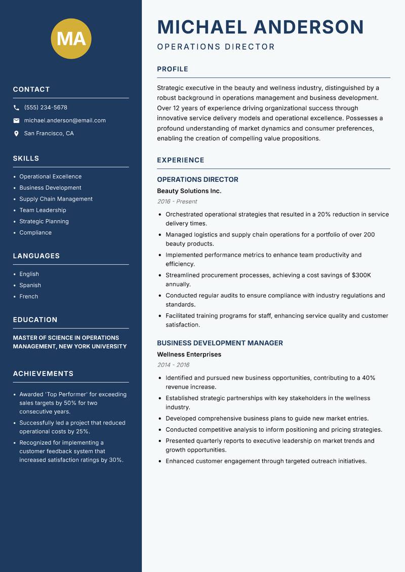Director of Beauty and Wellness Resume Preview Example