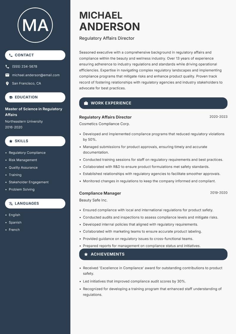 Director of Beauty and Wellness Resume Preview Example