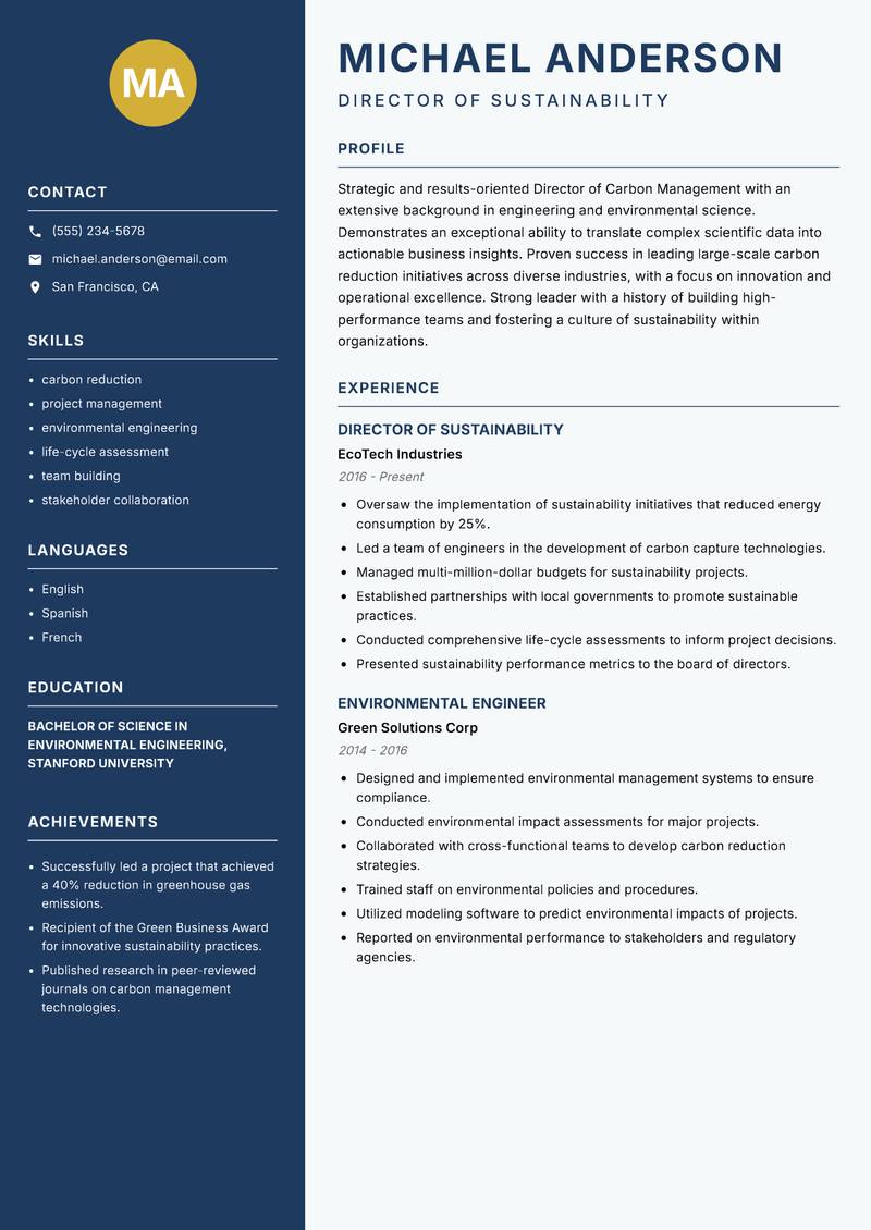 Director of Carbon Management Resume Preview Example