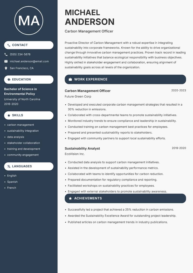 Director of Carbon Management Resume Preview Example