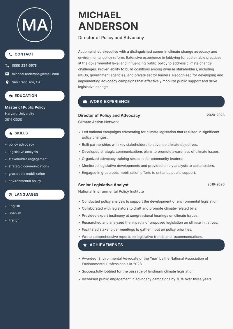 Director of Climate Change Resume Preview Example