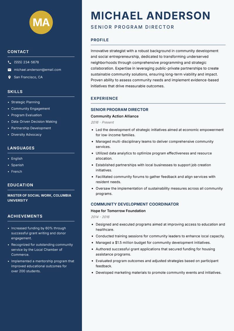 Director of Community Development Resume Preview Example