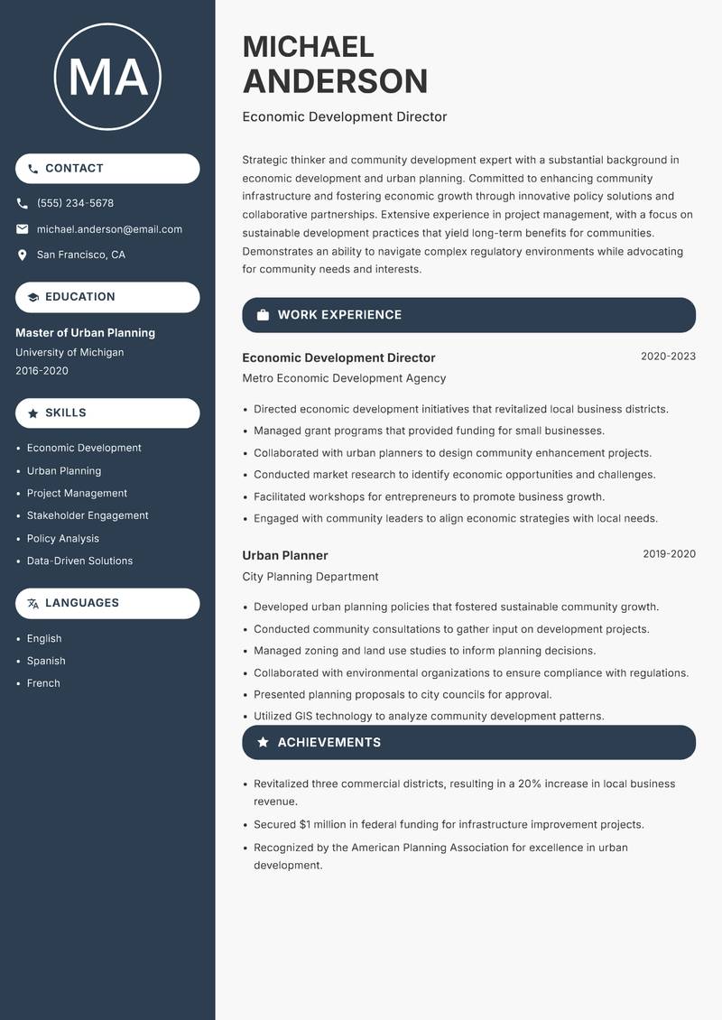 Director of Community Development Resume Preview Example