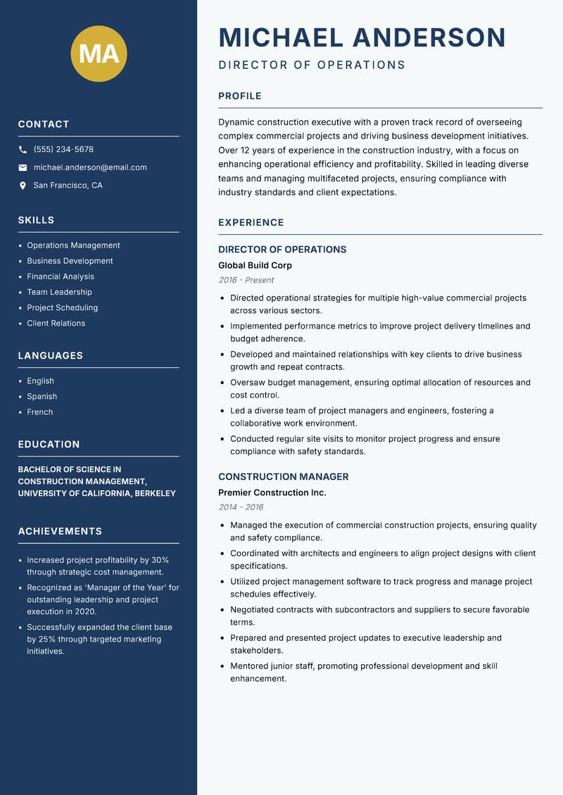 Director of Construction Resume Preview Example