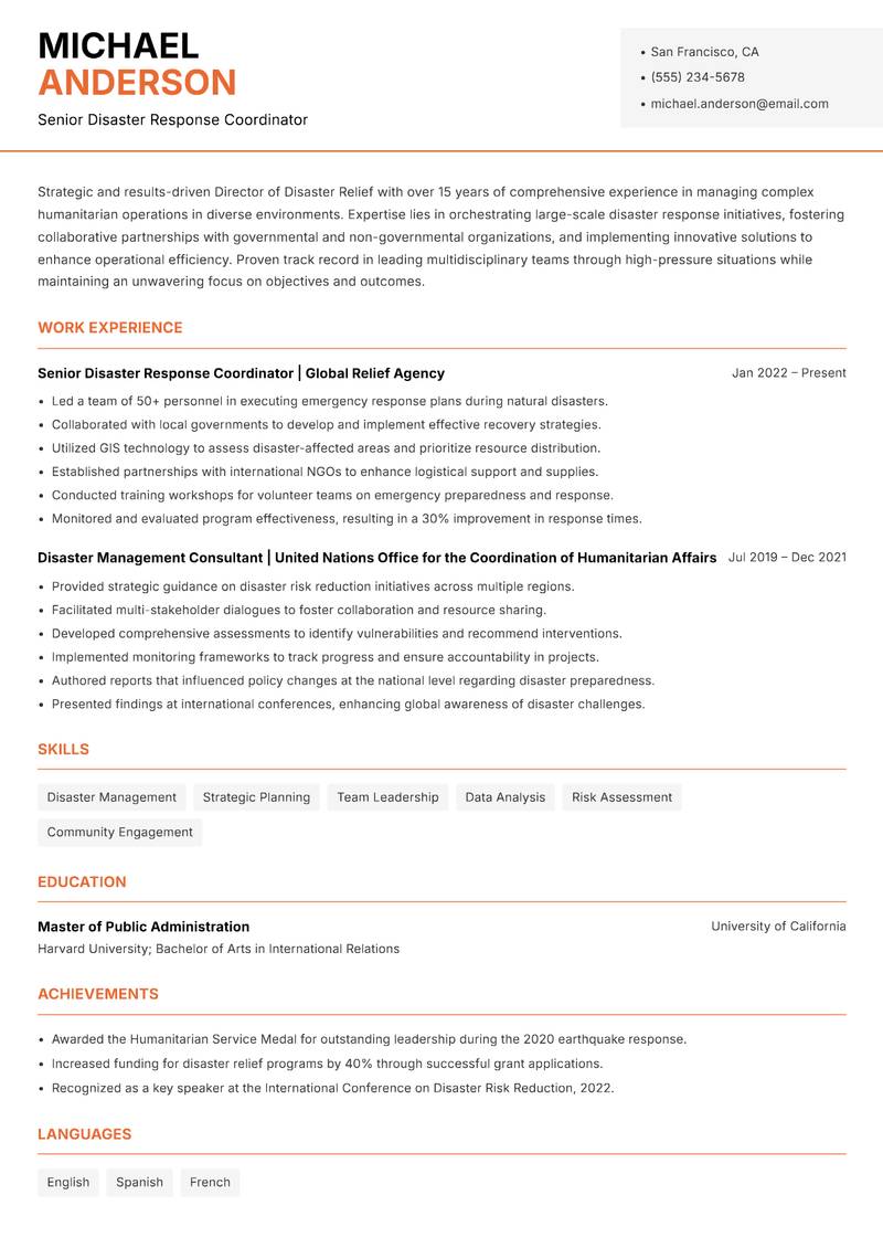 Director of Disaster Relief Resume Template