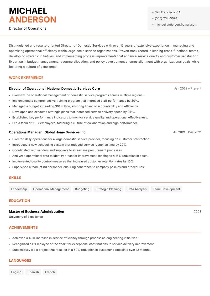 Director of Domestic Services Resume Template