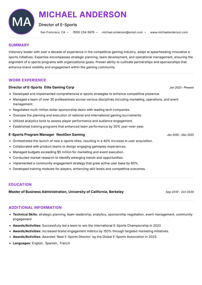 Director of E-Sports Resume Preview Example