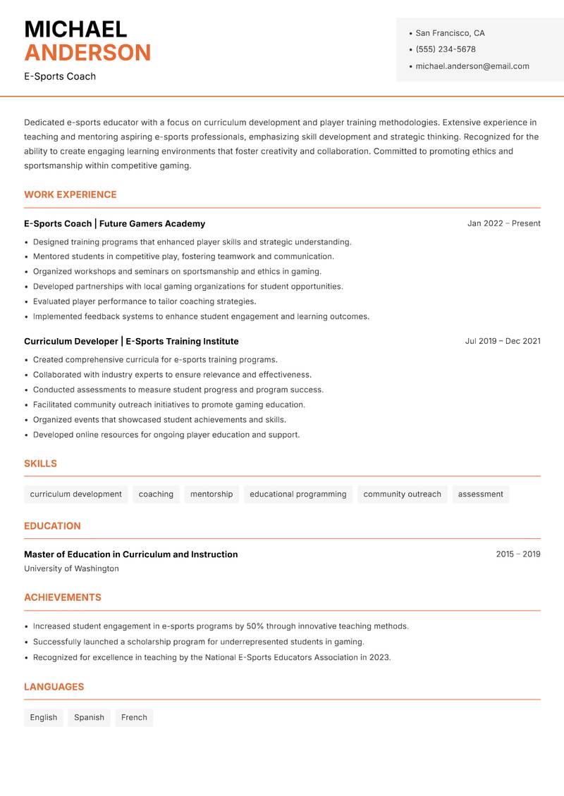 Director of E-Sports Resume Template