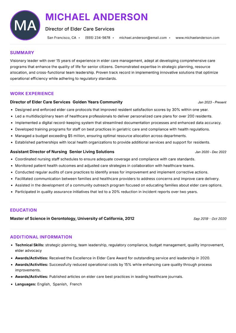 Director of Elder Care Resume Preview Example