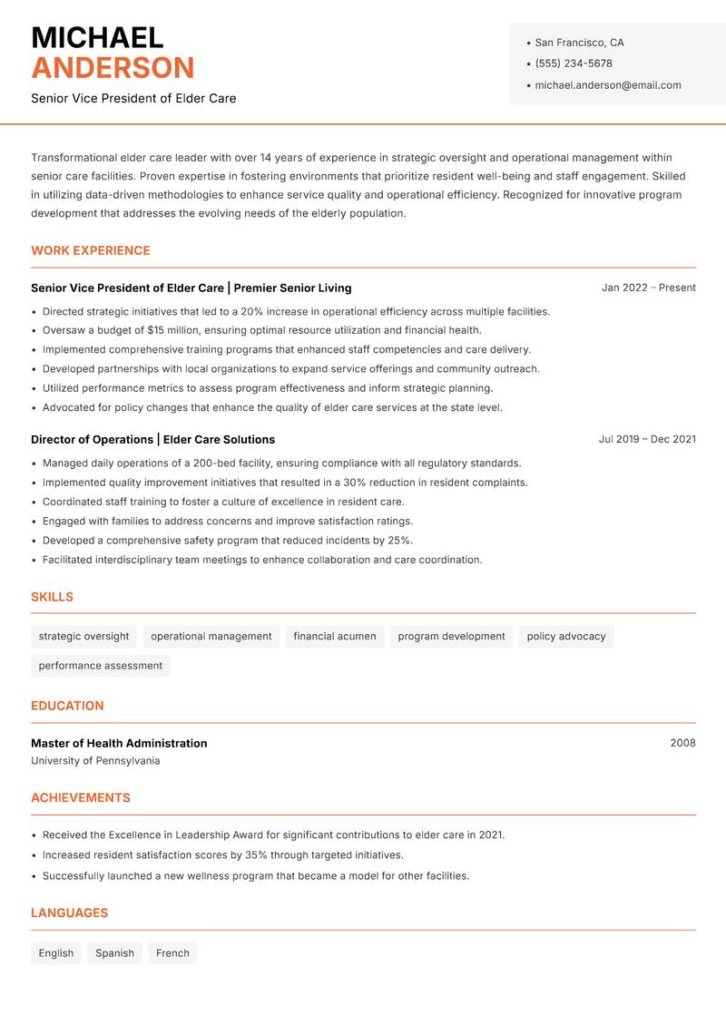 Director of Elder Care Resume Template