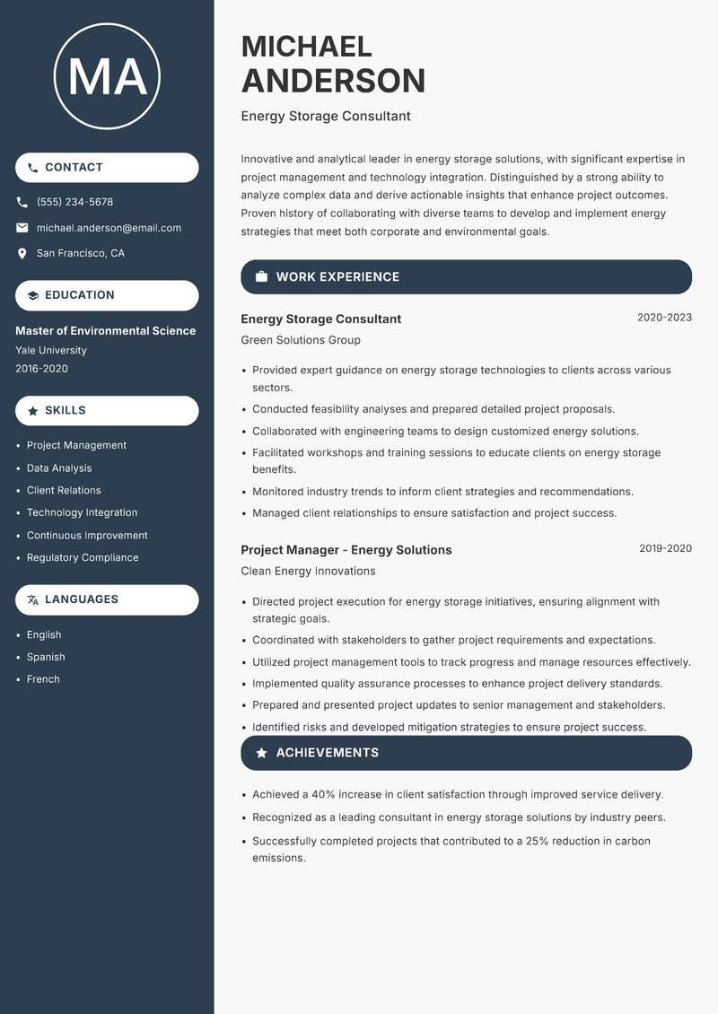 Director of Energy Storage Resume Preview Example