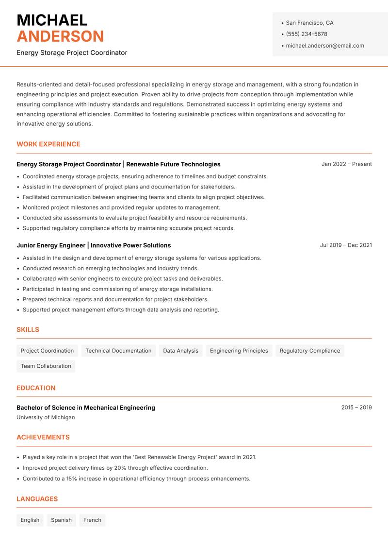Director of Energy Storage Resume Template