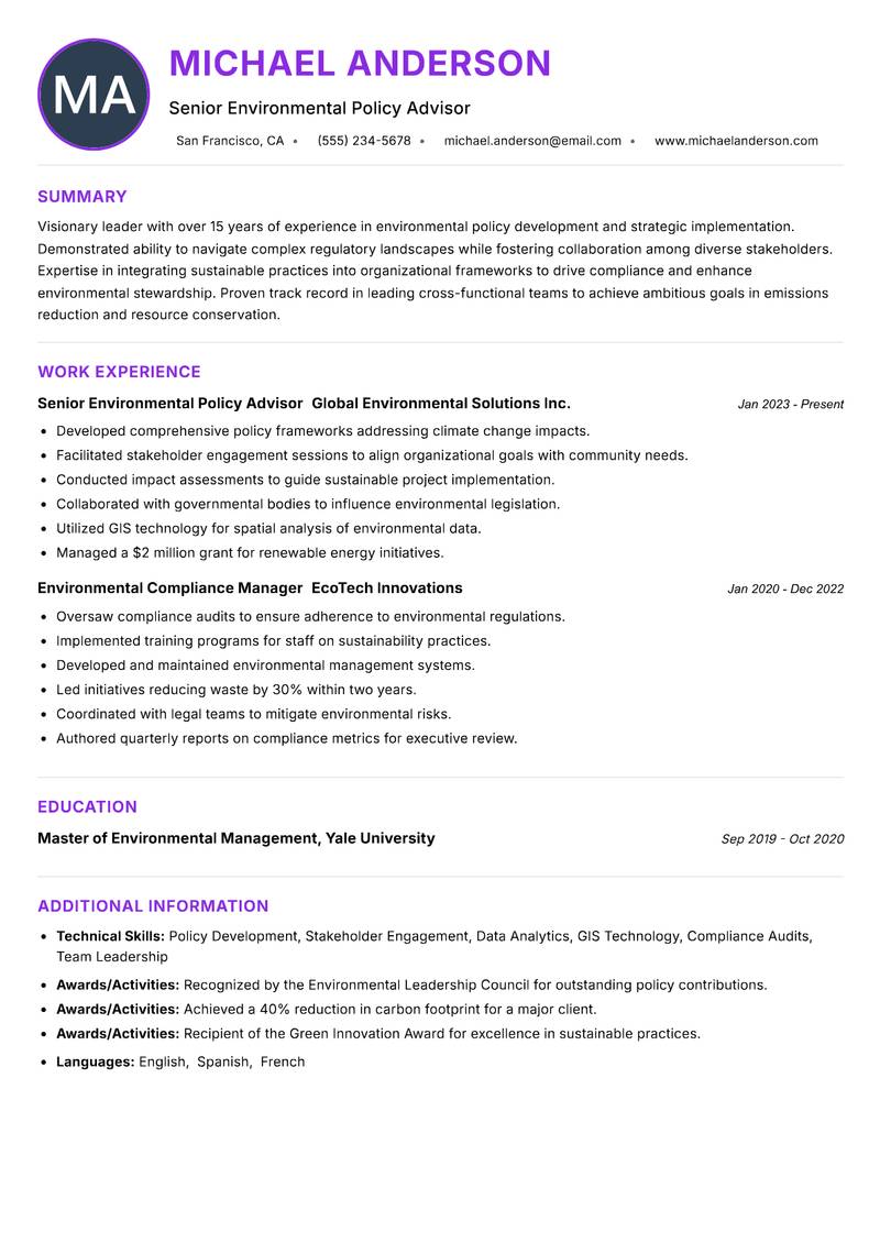 Director of Environmental Protection Resume Preview Example
