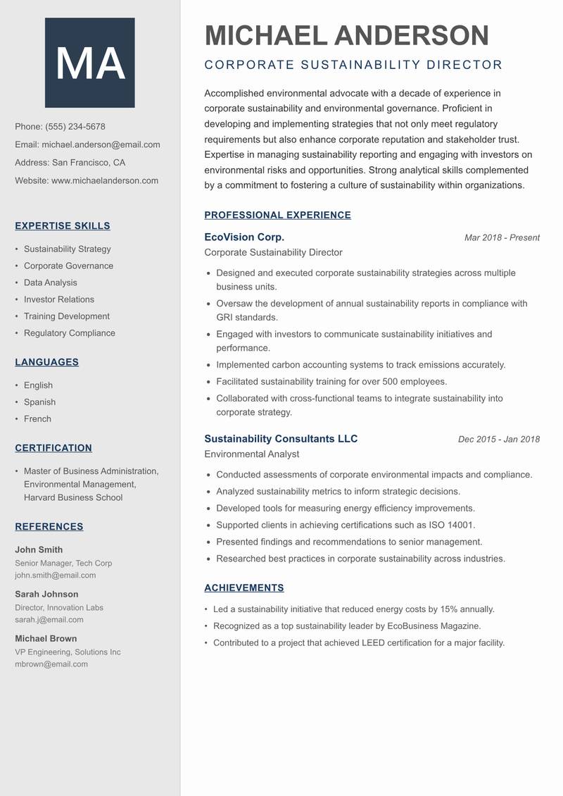 Director of Environmental Protection Resume Preview Example