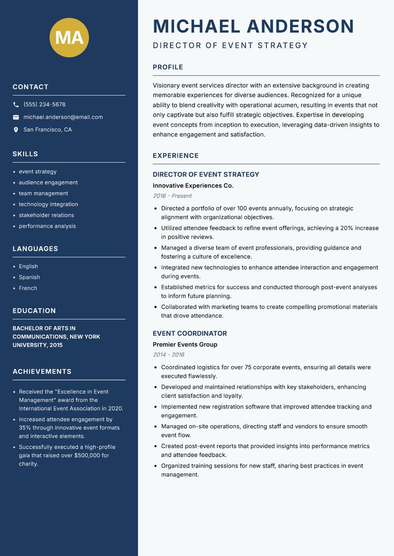 Director of Event Services Resume Preview Example