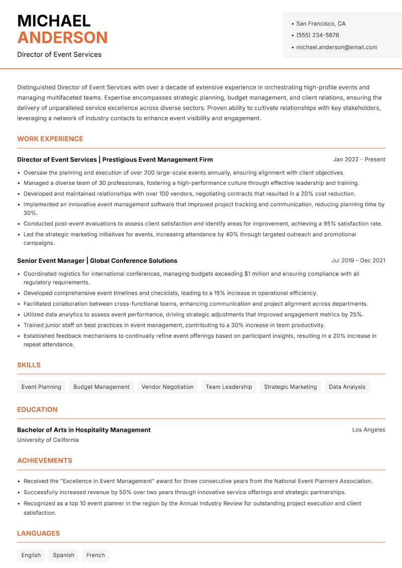 Director of Event Services Resume Template