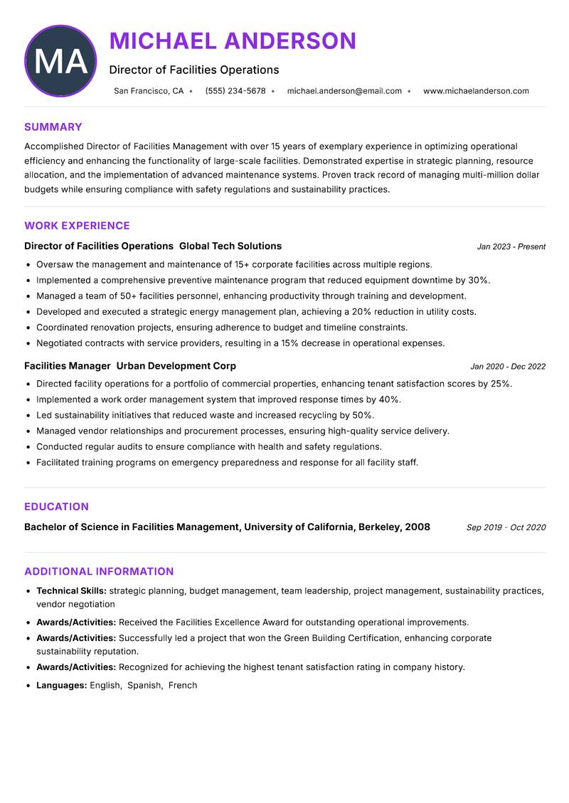 Director of Facilities Management Resume Preview Example
