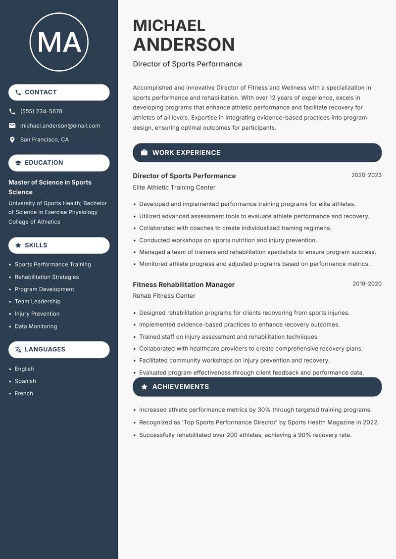 Director of Fitness and Wellness Resume Preview Example