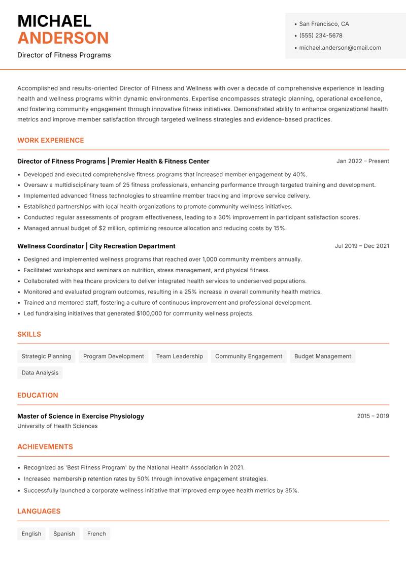 Director of Fitness and Wellness Resume Template