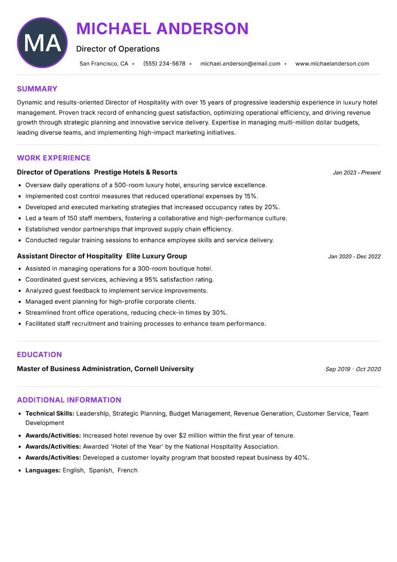 Director of Hospitality Resume Preview Example