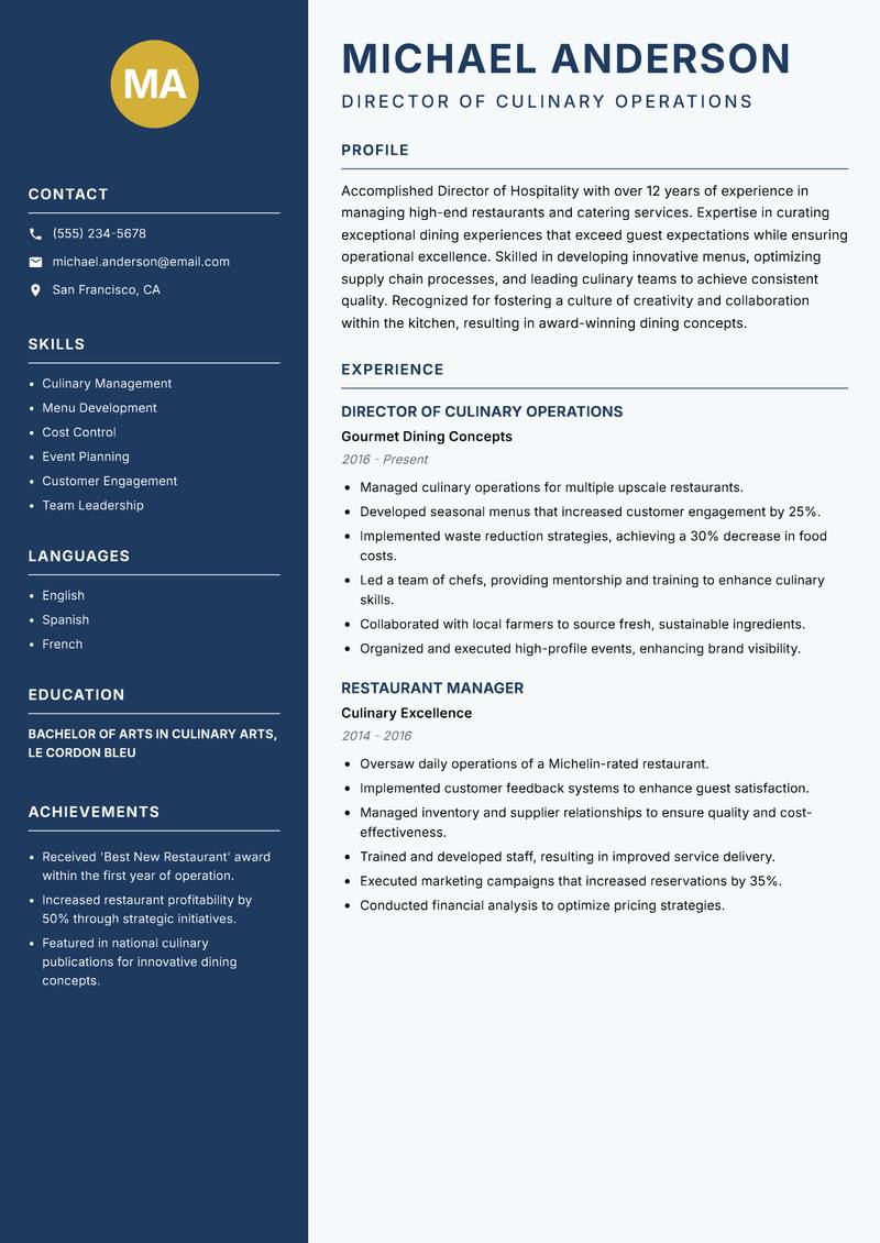 Director of Hospitality Resume Preview Example