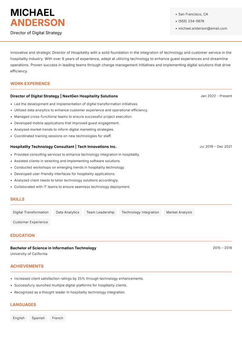 Director of Hospitality Resume Template