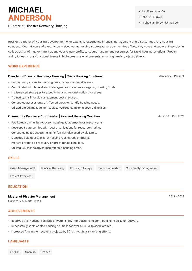 Director of Housing Development Resume Template