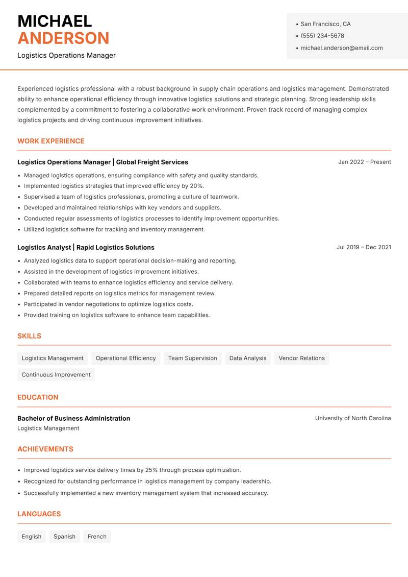 Director of Logistics Resume Template