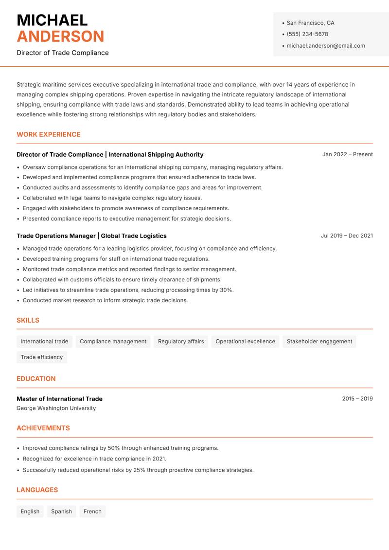 Director of Maritime Services Resume Template