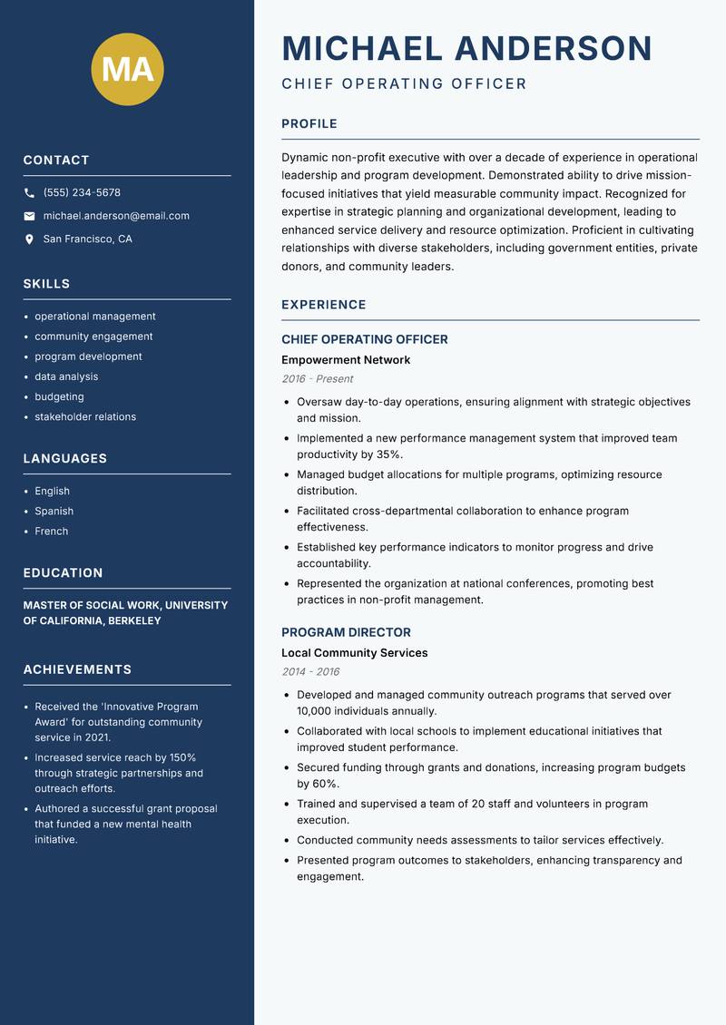 Director of Non-Profit Management Resume Preview Example